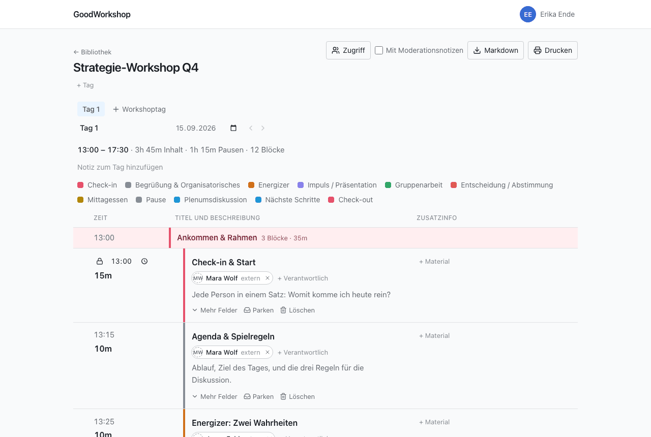 Ein Workshoptag in GoodWorkshop: Blöcke mit Uhrzeit, Dauer, verantwortlicher Person und Beschreibung, gruppiert in Abschnitte.