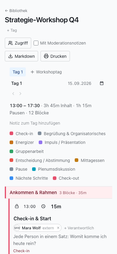 Derselbe Workshoptag auf dem Handy, als Karten zum Mitlesen im Raum.