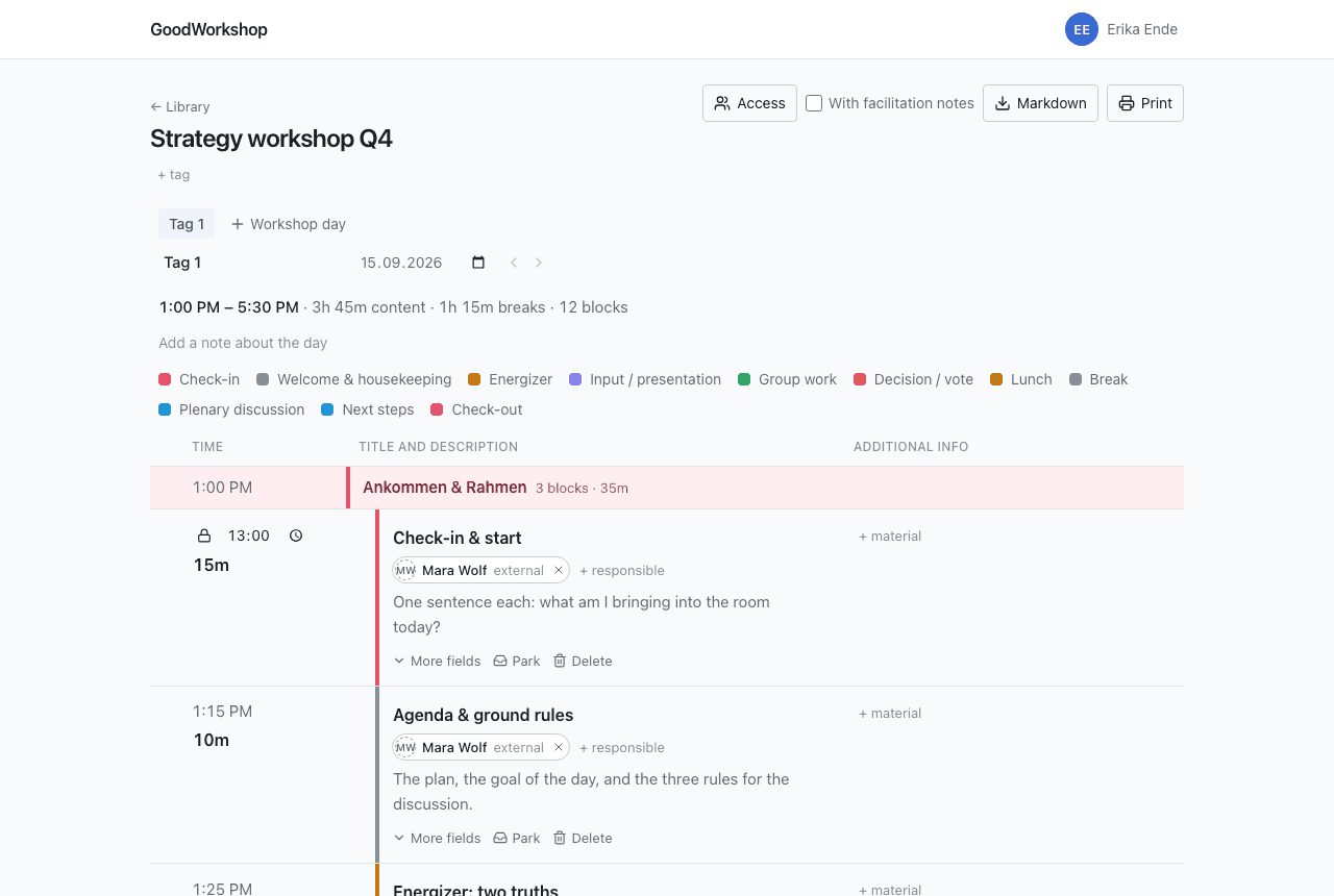 A workshop day in GoodWorkshop: blocks with time, duration, the person responsible and a description, grouped into sections.