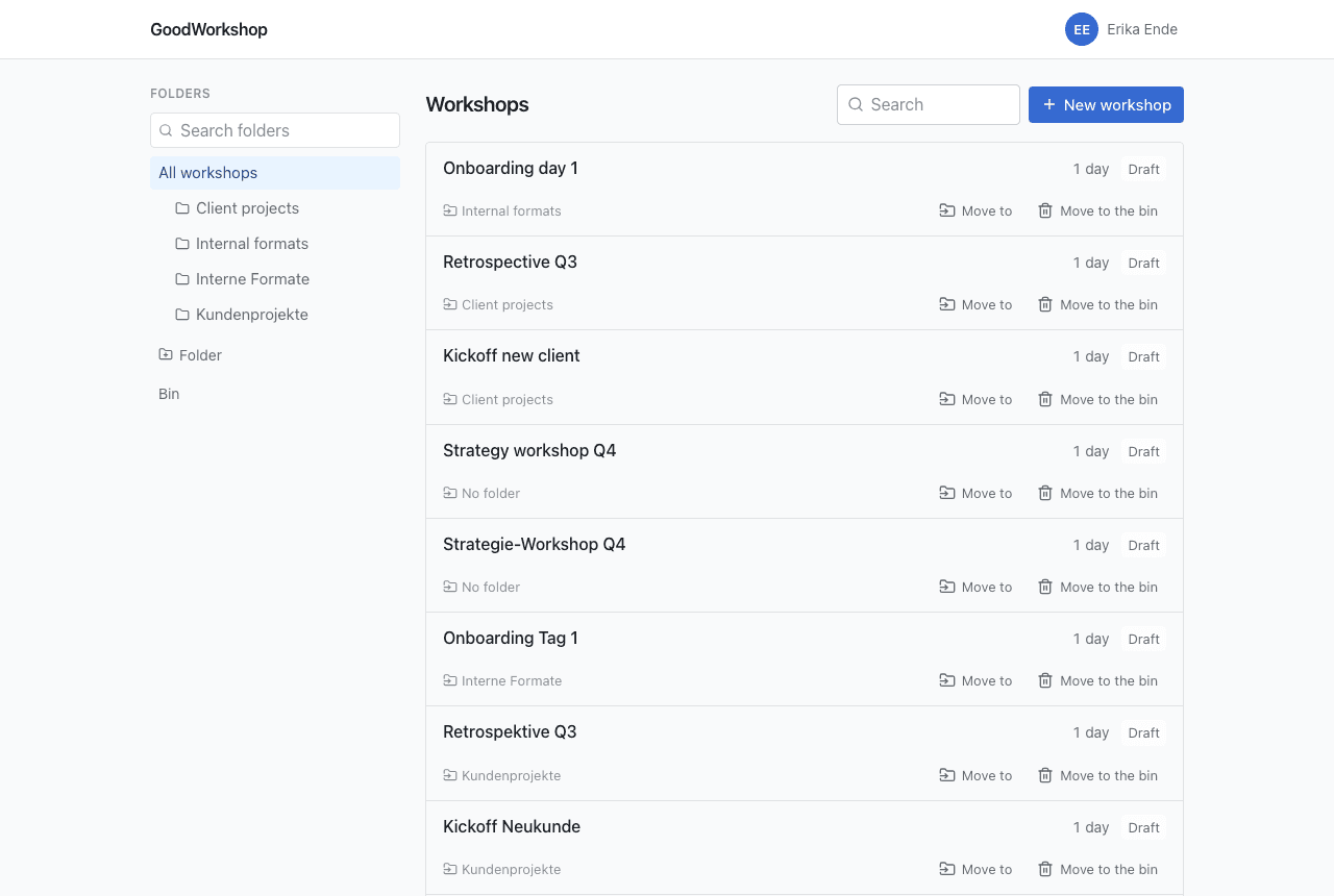 The library: workshops in folders, with search and quick actions.