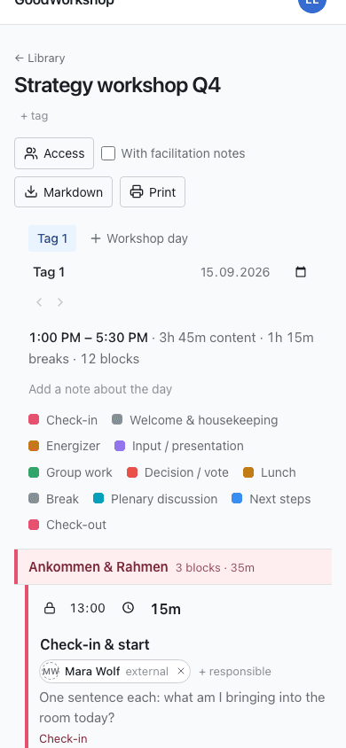 The same workshop day on a phone, as cards to read from in the room.