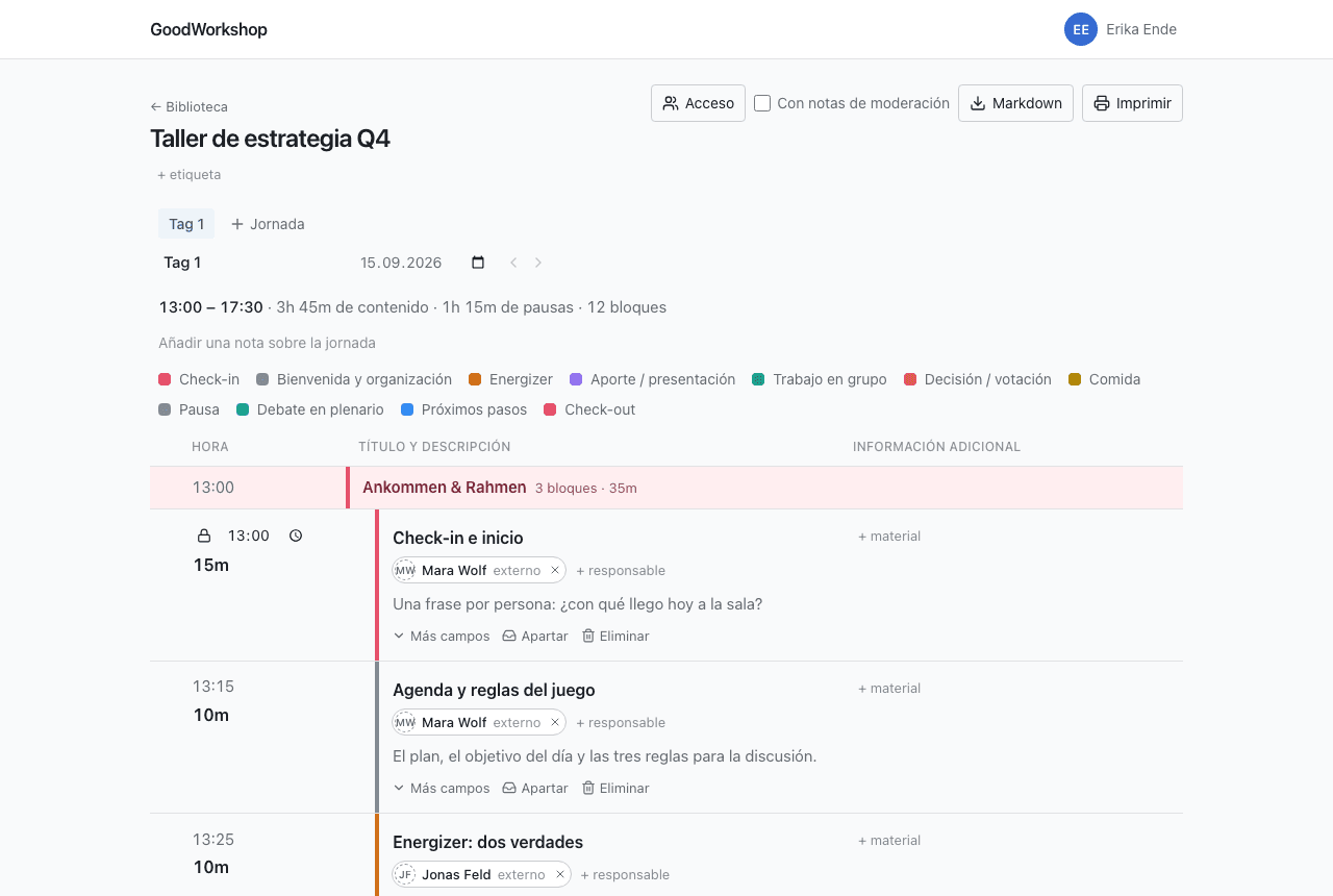 Un día de taller en GoodWorkshop: bloques con hora, duración, persona responsable y descripción, agrupados en secciones.