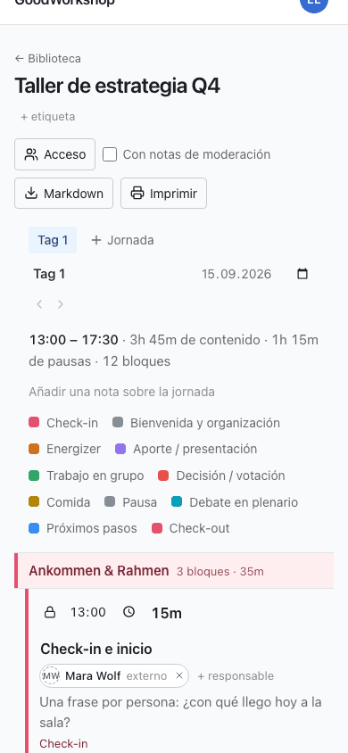 El mismo día de taller en el móvil, como tarjetas para seguir en la sala.