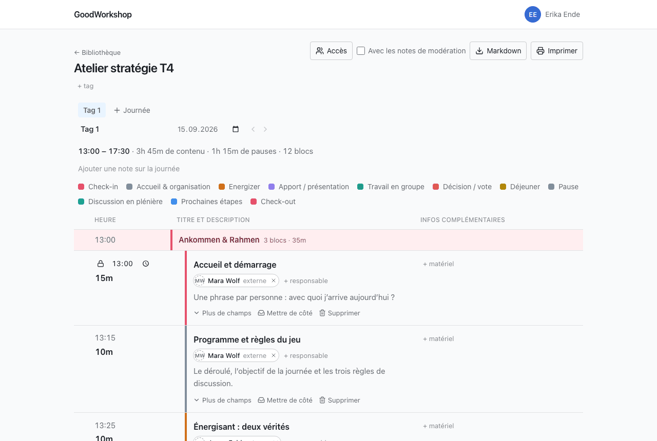 Une journée d’atelier dans GoodWorkshop : des blocs avec l’heure, la durée, la personne responsable et une description, groupés en sections.